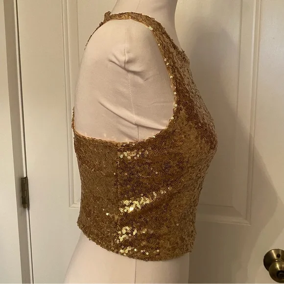 REVAMPED TOP CROP CROPPED GOLD SEQUINS SLEEVELESS RACERBACK SIZE M Fits S - Picture 4 of 8